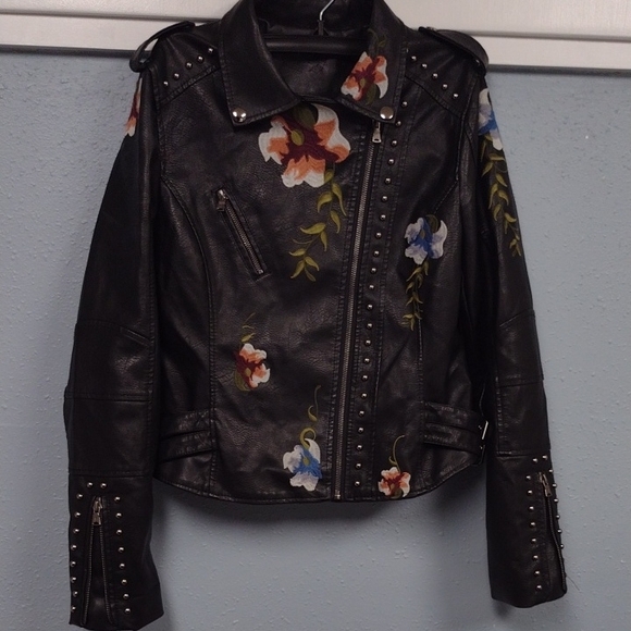 Jackets & Blazers - Black Leather Synthetic Motorcycle Jacket with Floral Embroidery